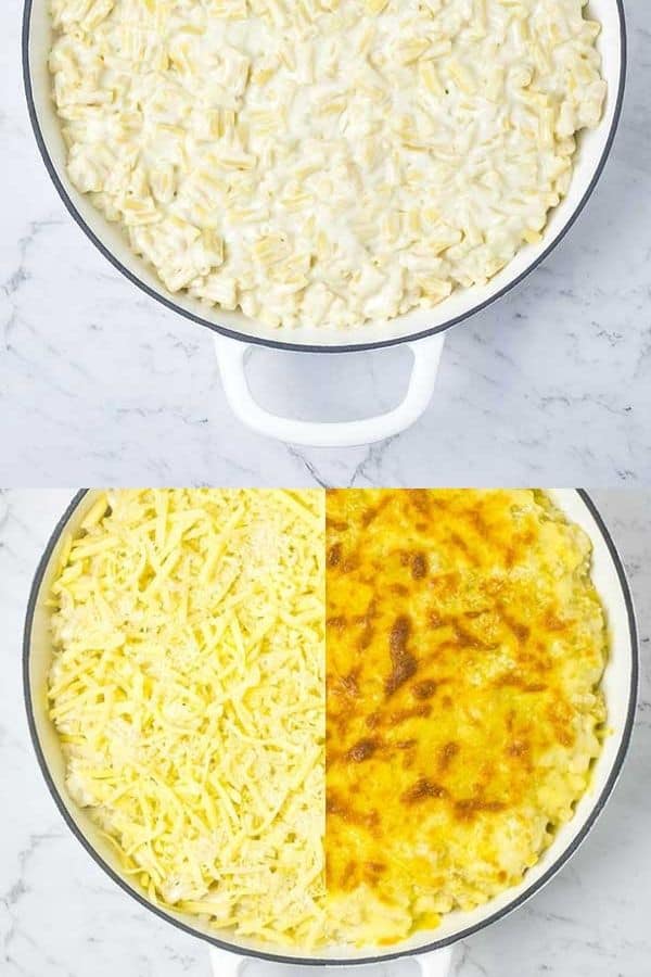 a photo collage of steps for baking steam oven mac and cheese