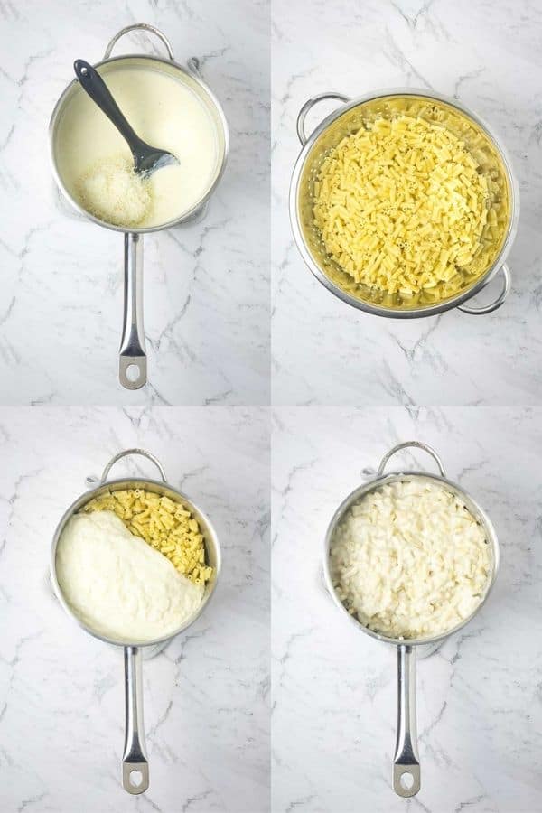 a photo collage of steps for assembling macaroni and cheese
