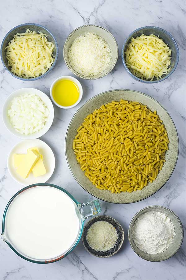 ingredients laid out in bowls for steam oven macaroni and cheese