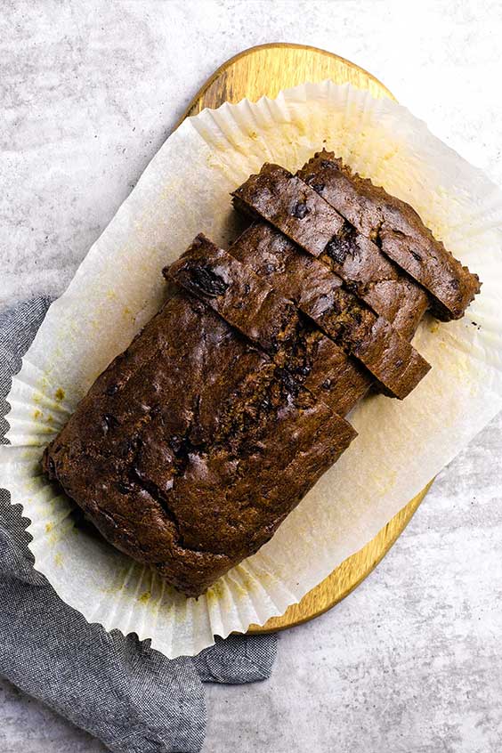 sliced loaf of chocolate chunk banana bread