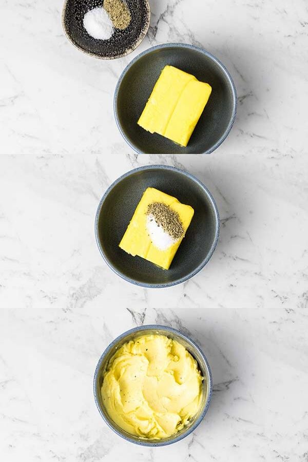 a collage of images of a bowl with butter and seasonings being combined