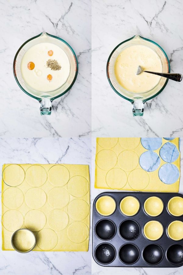 four images showing the steps for making the filling and cutting out circles of pastry