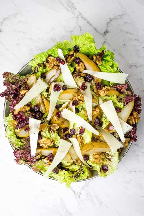 roasted pear and walnut salad bowl