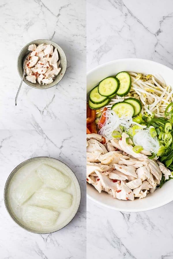 assembling Vietnamese turkey noodle salad