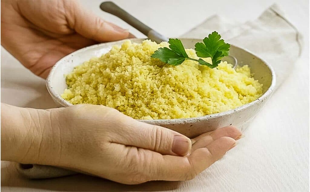 bowl of couscous being presented by two hands