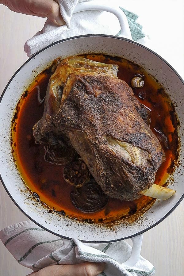 slow roasted lamb in pot