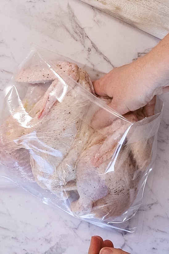 placing seasoned spatchcock chicken inside a clear plastic bag