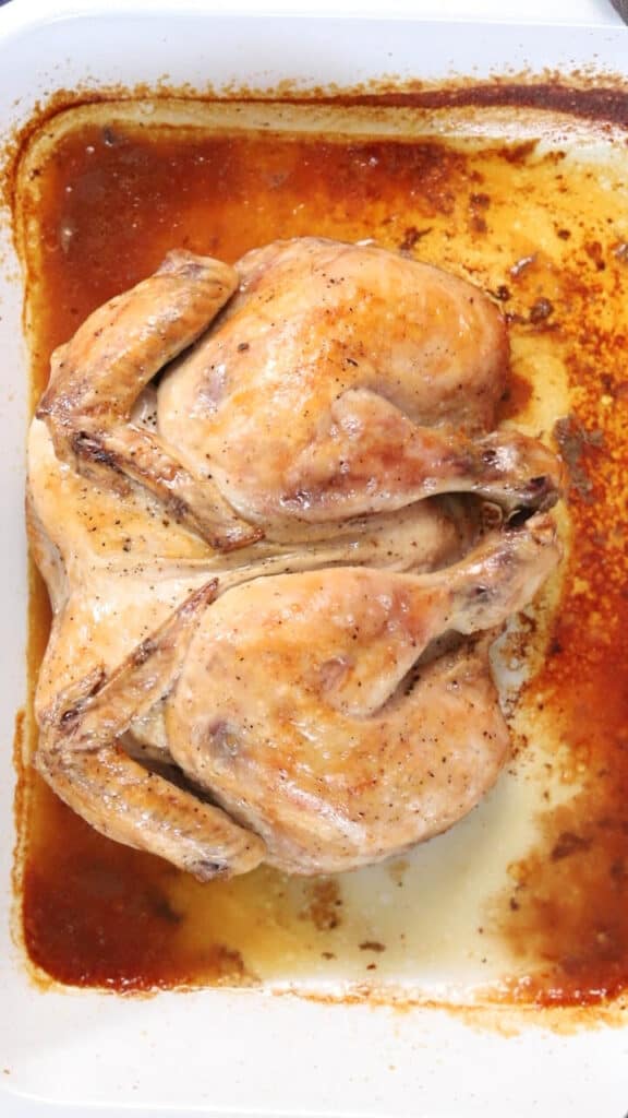 top view of golden brown roasted sous vide spatchcock chicken with its juices in a white baking pan