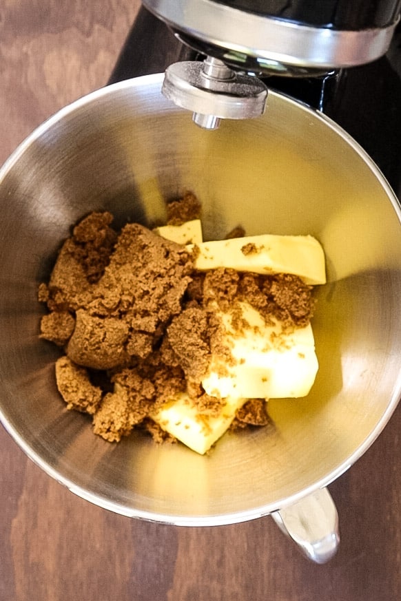 butter and brown sugar in a mixer bowl