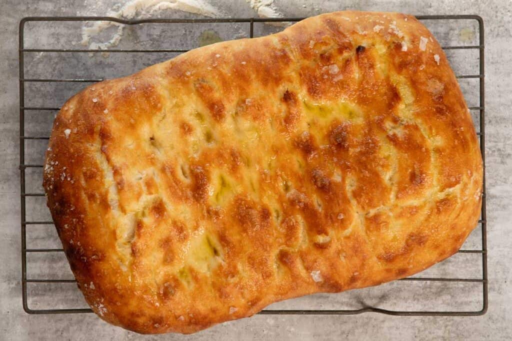 landscape view of no knead focaccia