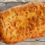 landscape view of no knead focaccia