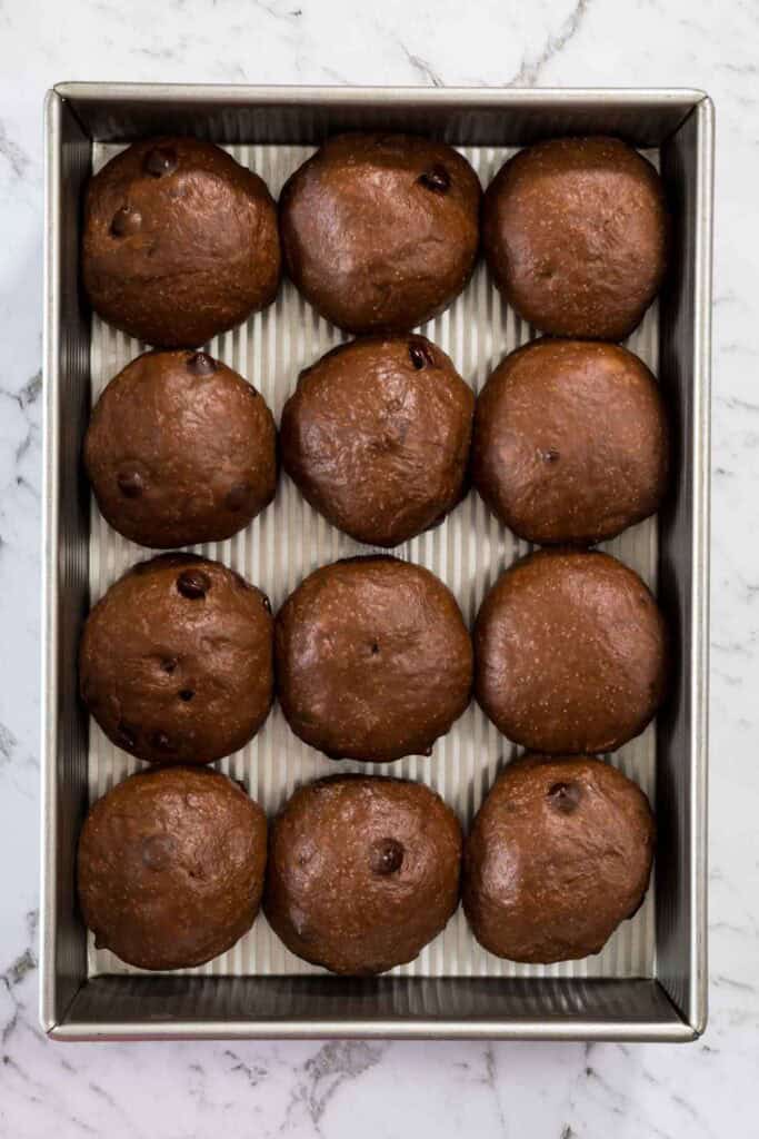 Chocolate milk bread buns in a baking tray, ready to go into the oven.
