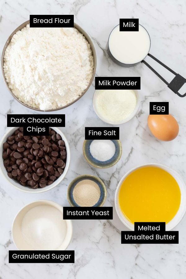 Ingredients for chocolate milk bread hot cross buns. Flour, milk, milk powder, egg, salt, butter, yeast, sugar, chocolate chips.