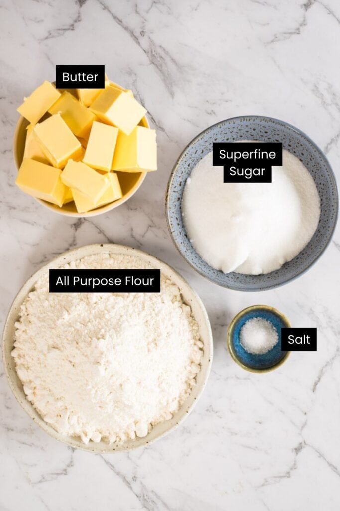 Top view of ingredients for making a classic Christmas cookies recipe; butter, sugar, flour and salt are all you need.