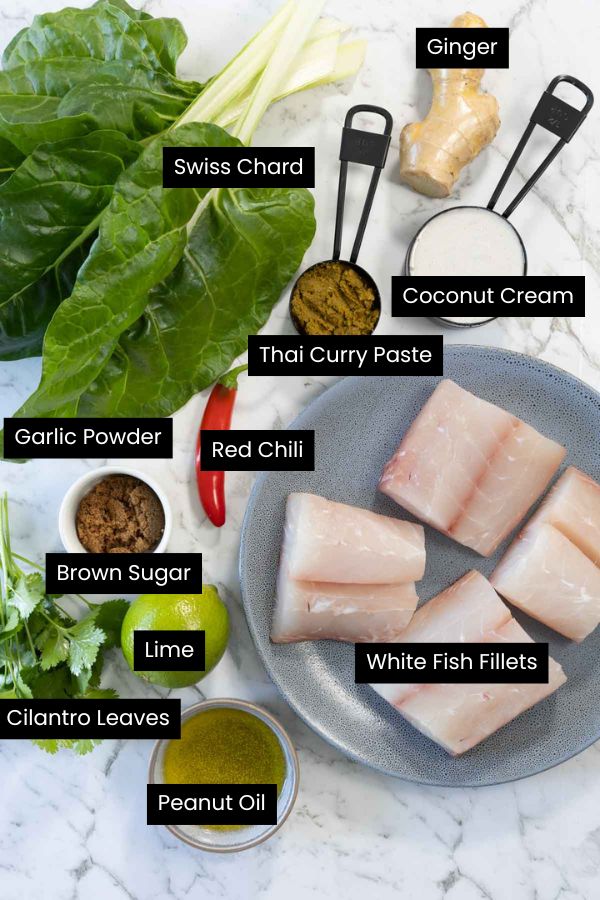 Ingredients for coconut steamed fish with green curry marinade. 