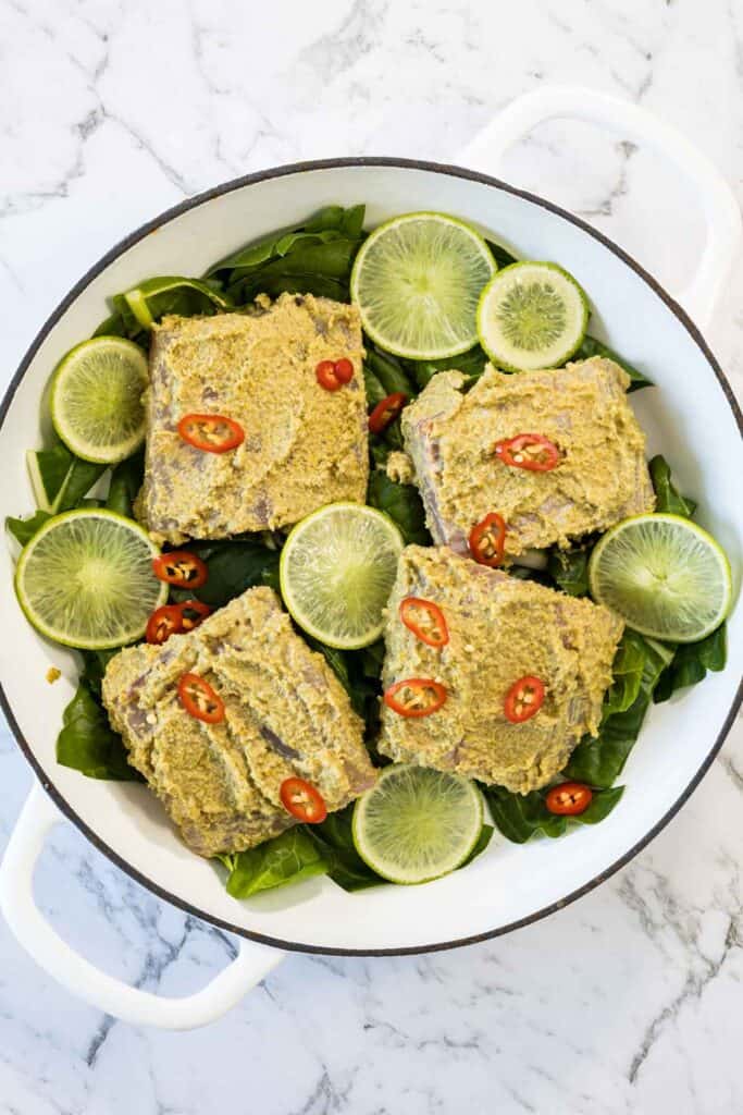 Coconut steamed fish fillets, prepared and ready to go into the steam oven. 