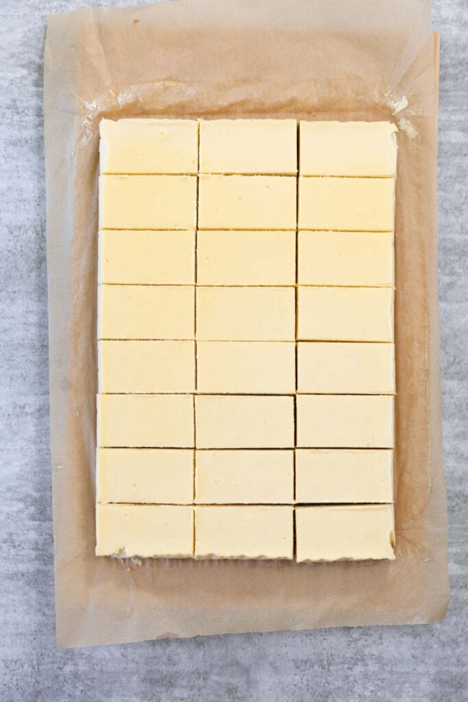 Neatly sliced chilled Creme Brulee Cheesecake into