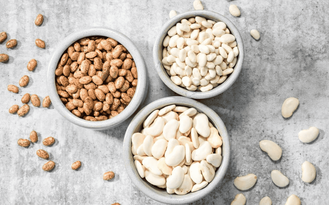 Three small bowls of dried beans; butter beans, haricot and pinto beans