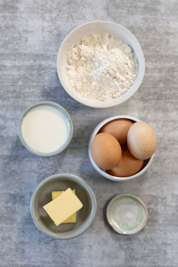 Ingredients for Dutch Baby Pancake including flour, eggs, milk, butter, and salt.
