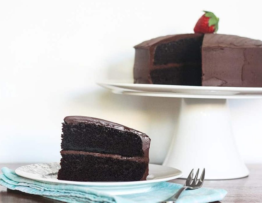 a piece of steam oven chocolate cake in front of the cake on a white stand