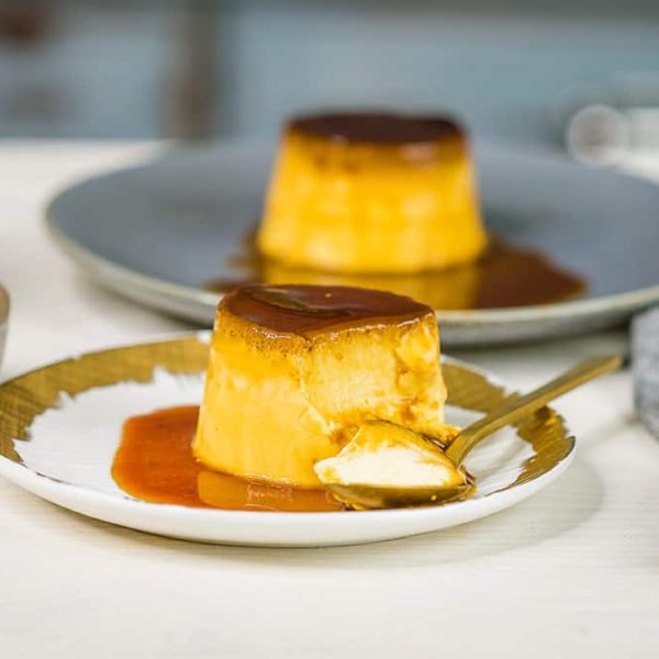 creme caramel on white plate