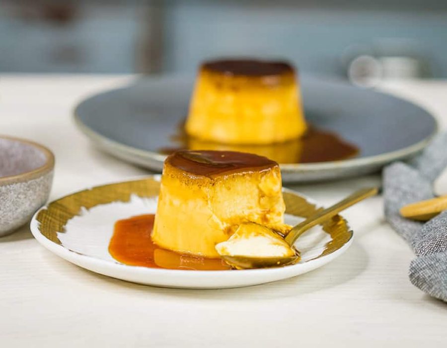 creme caramel on white plate