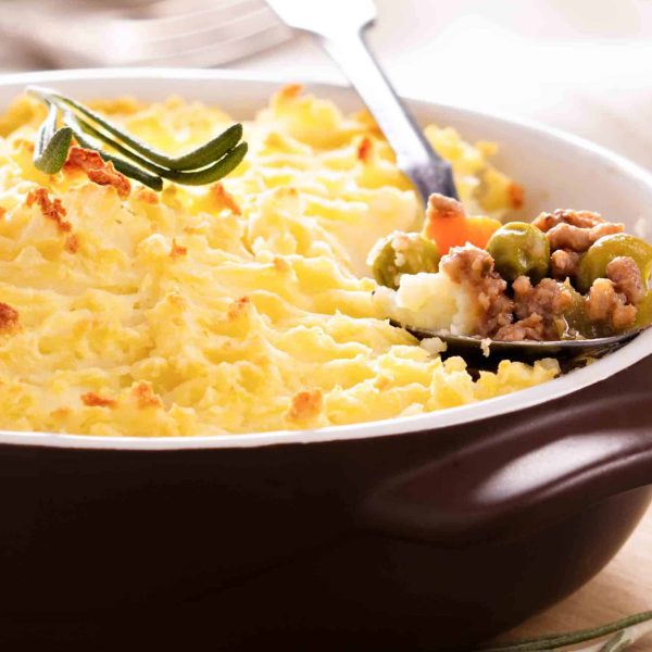 Sheperd's pie (baked mashed potatoes and ground beef with vegetables)