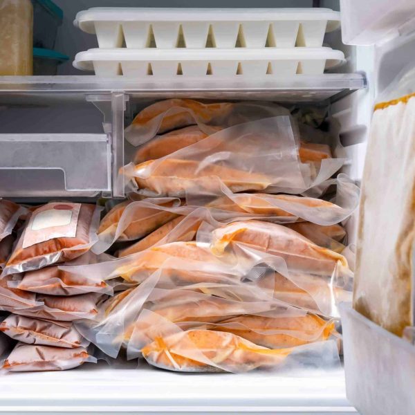 freezer of modern frigerator full with frozen food products in quarantine or work from home period during coronavirus pandemic, freeze cooked salmon in vacuum packs