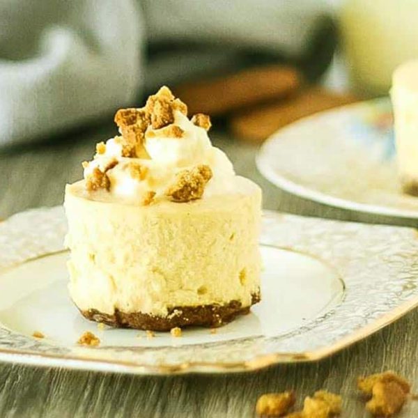 an individual malted vanilla cheesecake on a gold rimmed plate