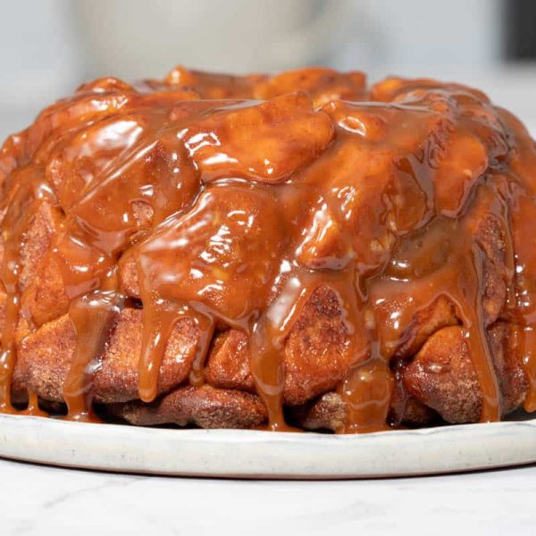 Landscape view of whole monkey bread fresh from the oven.