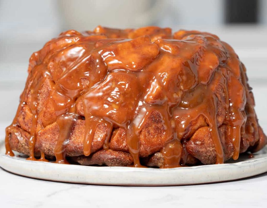 Landscape view of whole monkey bread fresh from the oven.
