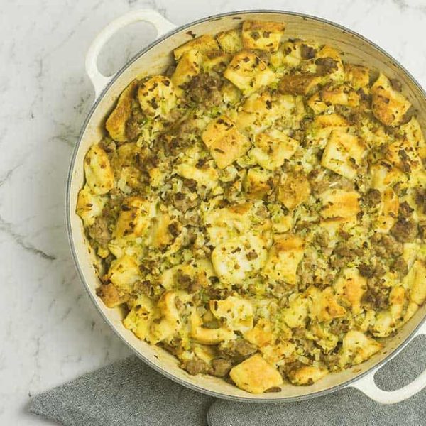 a cast iron pan of sausage and herb stuffing