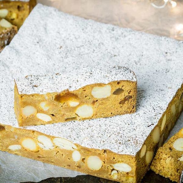 Landscape view of a slice of Panforte di Siena cake.